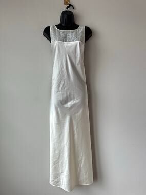 Vintage Natori Classics White Satin Nightgown Sheer Floral Maxi Slip Dress L